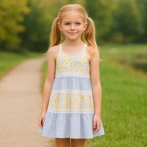 Tommy Bahama Girls Floral Sundress Yellow Blue Lace Trim Cotton Dress